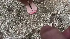 Play He pee on my feet and ass on the beach i love feel this hot rain